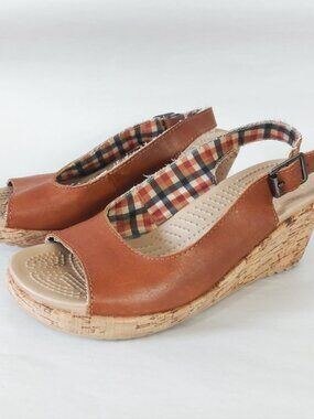 Crocs A-Leigh Brown Leather Slingback Peep Toe Cork Wedge Sandals Women Size 7